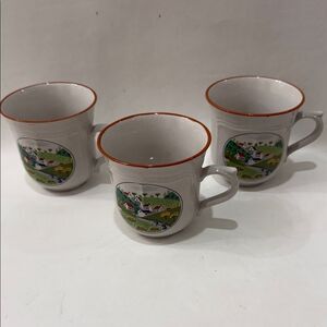 Newcor 8 Oz 3 Mug Set Orange Green Country Village Japan Stoneware 3 1/4 In Tall